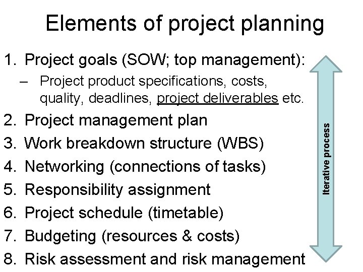 Elements of project planning 1. Project goals (SOW; top management): 2. 3. 4. 5.
