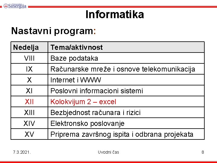 Informatika Nastavni program: Nedelja VIII IX X XI XIII XIV XV 7. 3. 2021.