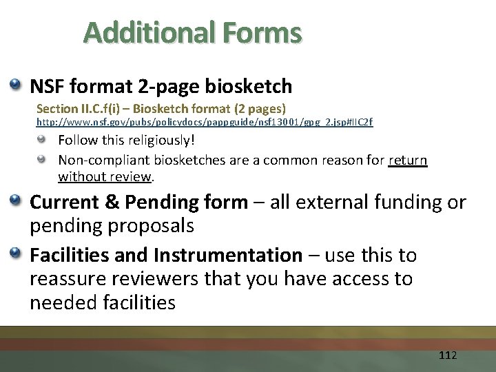 Additional Forms NSF format 2 -page biosketch Section II. C. f(i) – Biosketch format