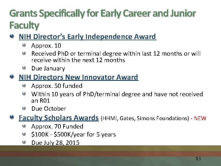 Grants Specifically for Early Career and Junior Faculty NIH Director’s Early Independence Award Approx.