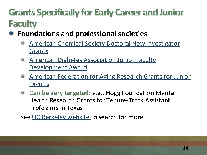 Grants Specifically for Early Career and Junior Faculty Foundations and professional societies American Chemical