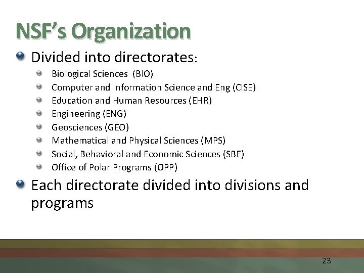 NSF’s Organization Divided into directorates: Biological Sciences (BIO) Computer and Information Science and Eng