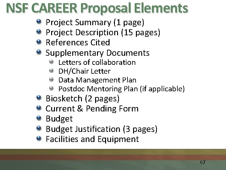 NSF CAREER Proposal Elements Project Summary (1 page) Project Description (15 pages) References Cited