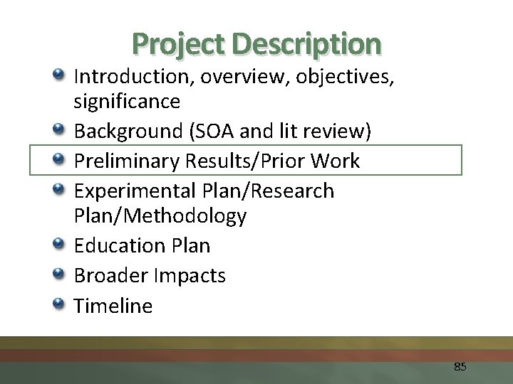 Project Description Introduction, overview, objectives, significance Background (SOA and lit review) Preliminary Results/Prior Work