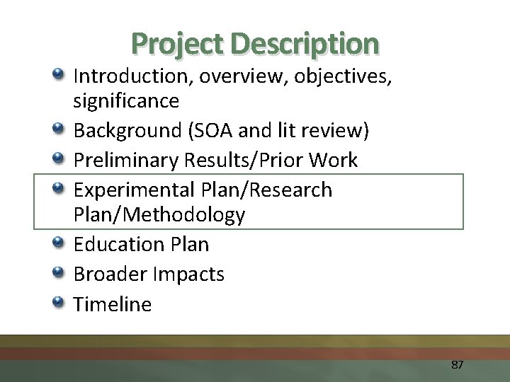 Project Description Introduction, overview, objectives, significance Background (SOA and lit review) Preliminary Results/Prior Work