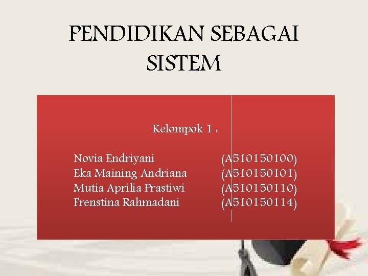 PENDIDIKAN SEBAGAI SISTEM Kelompok 1 : Novia Endriyani Eka Maining Andriana Mutia Aprilia Prastiwi