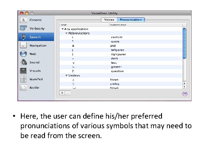 • Here, the user can define his/her preferred pronunciations of various symbols that • Here, the user can define his/her preferred pronunciations of various symbols that