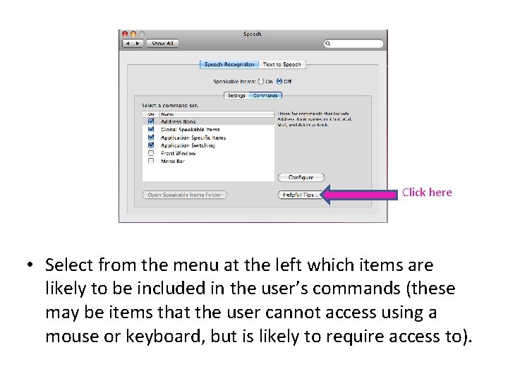 Click here • Select from the menu at the left which items are likely Click here • Select from the menu at the left which items are likely