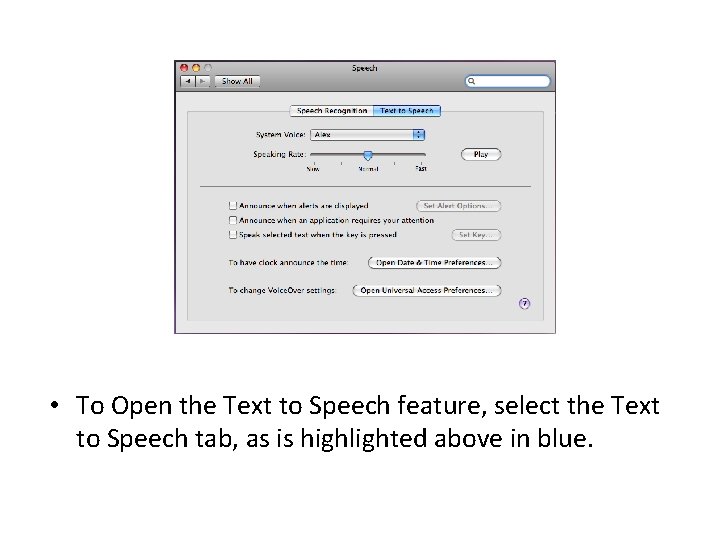 • To Open the Text to Speech feature, select the Text to Speech • To Open the Text to Speech feature, select the Text to Speech