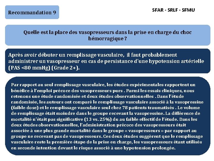 Recommandation 9 SFAR - SRLF - SFMU Quelle est la place des vasopresseurs dans