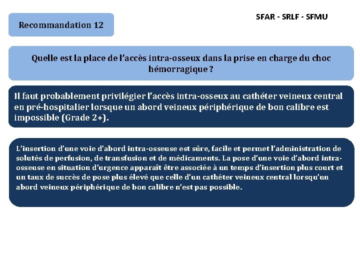 Recommandation 12 SFAR - SRLF - SFMU Quelle est la place de l’accès intra-osseux
