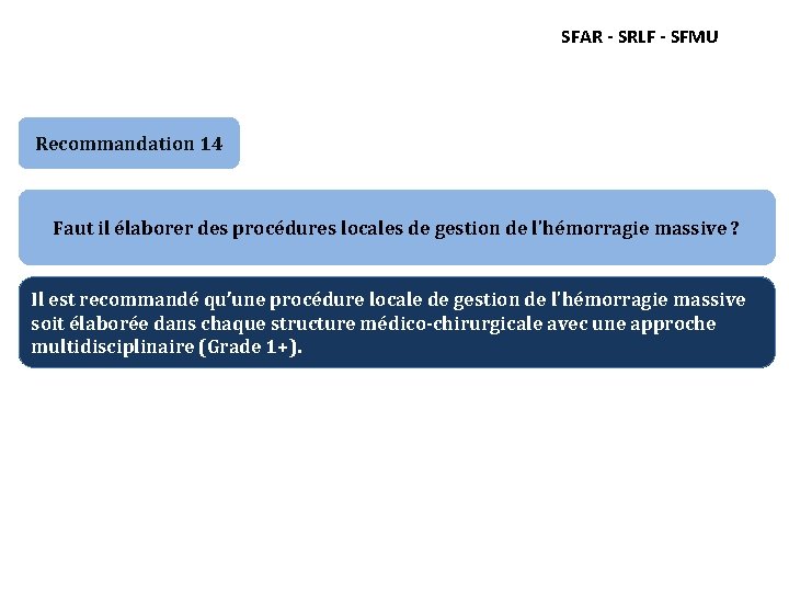 SFAR - SRLF - SFMU Recommandation 14 Faut il élaborer des procédures locales de