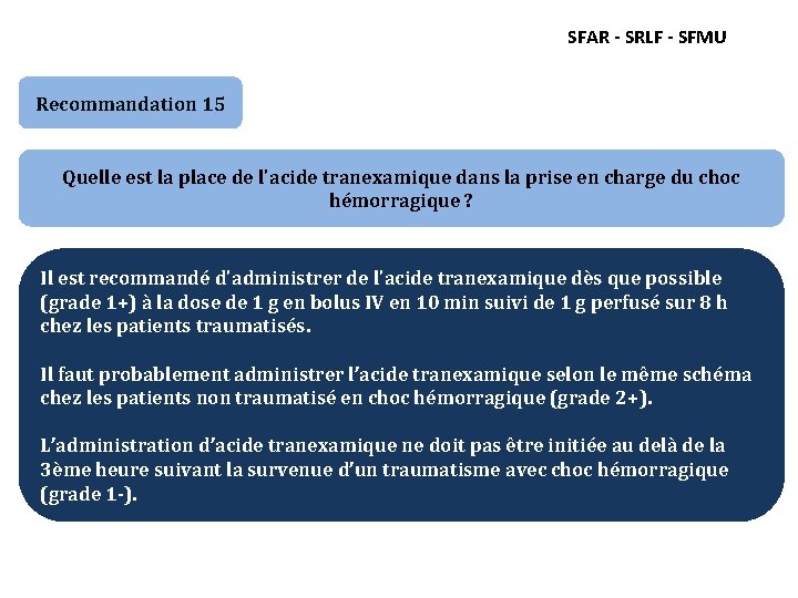 SFAR - SRLF - SFMU Recommandation 15 Quelle est la place de l'acide tranexamique