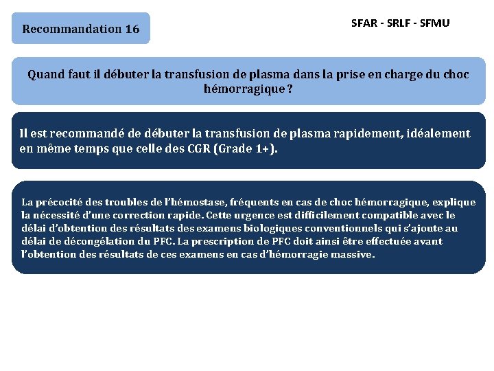 Recommandation 16 SFAR - SRLF - SFMU Quand faut il débuter la transfusion de