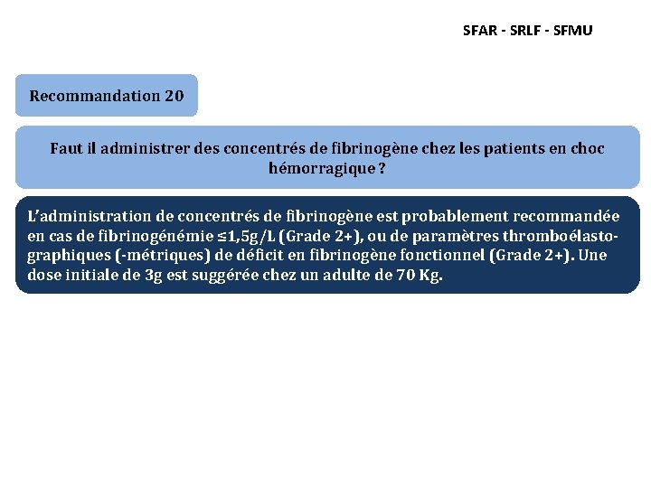 SFAR - SRLF - SFMU Recommandation 20 Faut il administrer des concentrés de fibrinogène