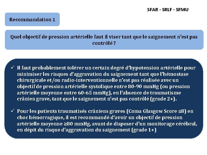 SFAR - SRLF - SFMU Recommandation 1 Quel objectif de pression artérielle faut il