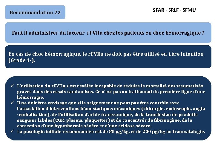 Recommandation 22 SFAR - SRLF - SFMU Faut il administrer du facteur r. FVIIa