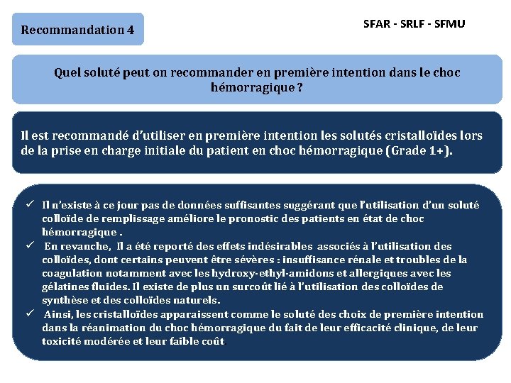 Recommandation 4 SFAR - SRLF - SFMU Quel soluté peut on recommander en première