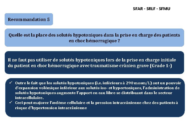 SFAR - SRLF - SFMU Recommandation 5 Quelle est la place des solutés hypotoniques