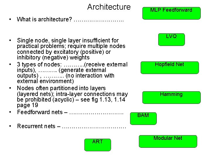 Architecture MLP Feedforward • What is architecture? …………. . • Single node, single layer