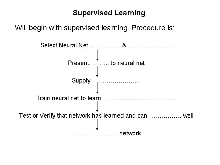 Supervised Learning Will begin with supervised learning. Procedure is: Select Neural Net …………… &