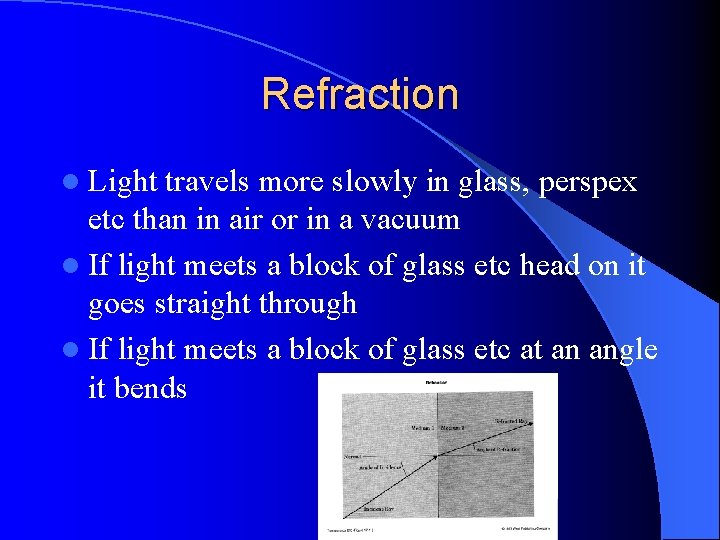 Refraction l Light travels more slowly in glass, perspex etc than in air or