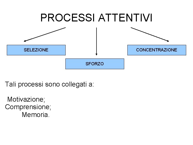 PROCESSI ATTENTIVI SELEZIONE CONCENTRAZIONE SFORZO Tali processi sono collegati a: Motivazione; Comprensione; Memoria. 