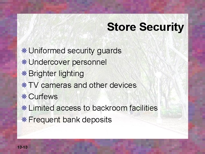 Store Security ¯ Uniformed security guards ¯ Undercover personnel ¯ Brighter lighting ¯ TV