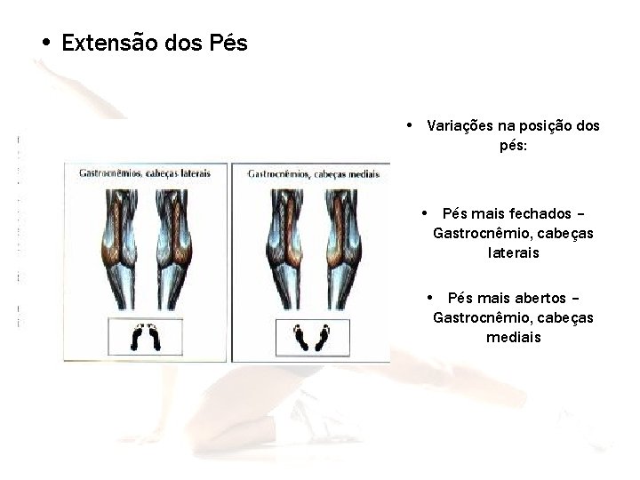  • Extensão dos Pés • Variações na posição dos pés: • Pés mais