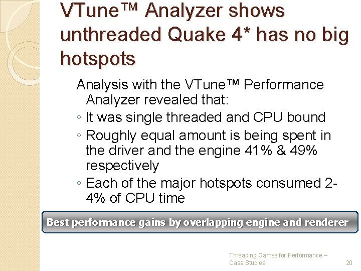 VTune™ Analyzer shows unthreaded Quake 4* has no big hotspots Analysis with the VTune™ VTune™ Analyzer shows unthreaded Quake 4* has no big hotspots Analysis with the VTune™