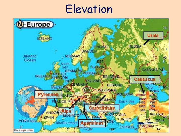 Elevation Urals Caucasus Pyrennes Alps Carpathians Apennines 