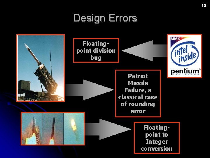 10 Design Errors Floatingpoint division bug Patriot Missile Failure, a classical case of rounding
