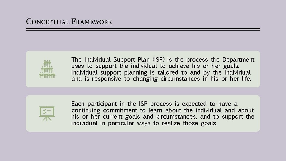 CONCEPTUAL FRAMEWORK The Individual Support Plan (ISP) is the process the Department uses to