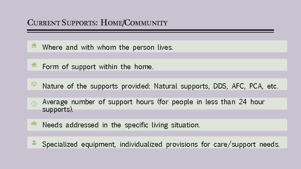 CURRENT SUPPORTS: HOME/COMMUNITY Where and with whom the person lives. Form of support within