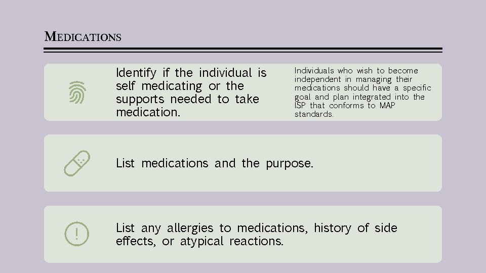 MEDICATIONS Identify if the individual is self medicating or the supports needed to take