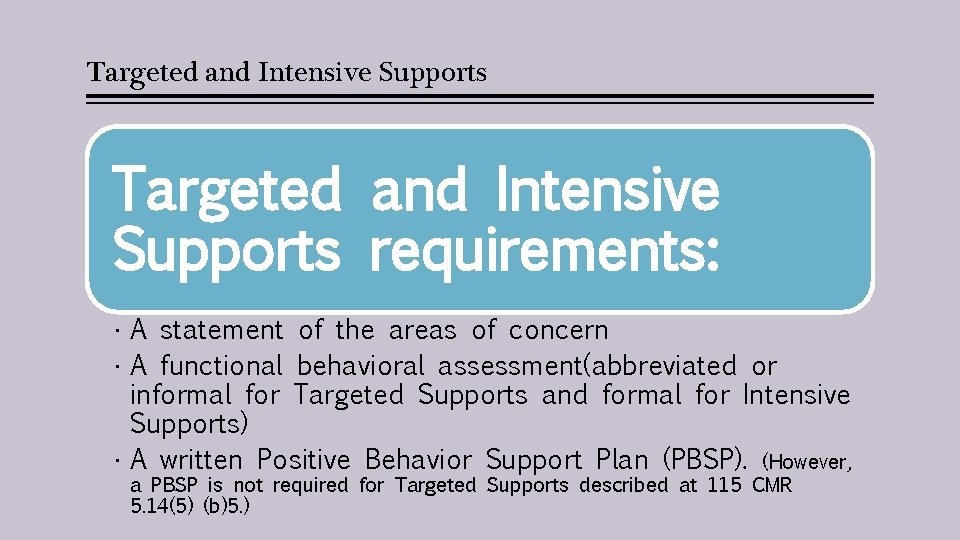 Targeted and Intensive Supports requirements: • A statement of the areas of concern •