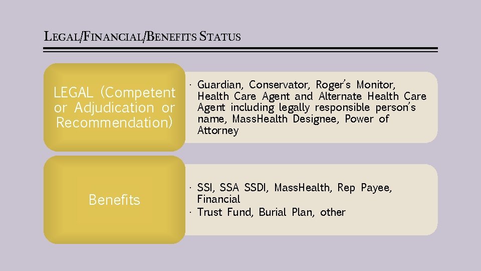 LEGAL/FINANCIAL/BENEFITS STATUS LEGAL (Competent or Adjudication or Recommendation) Benefits • Guardian, Conservator, Roger’s Monitor,
