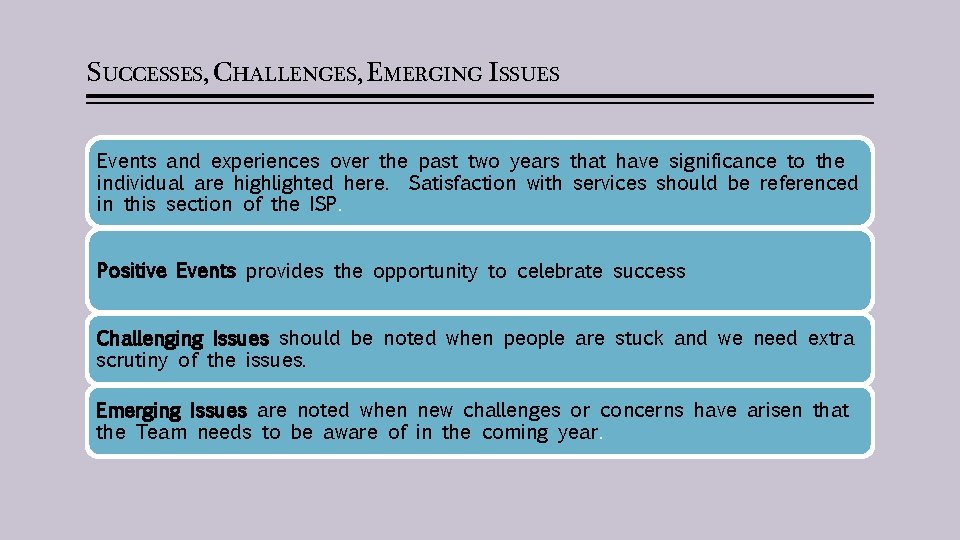 SUCCESSES, CHALLENGES, EMERGING ISSUES Events and experiences over the past two years that have