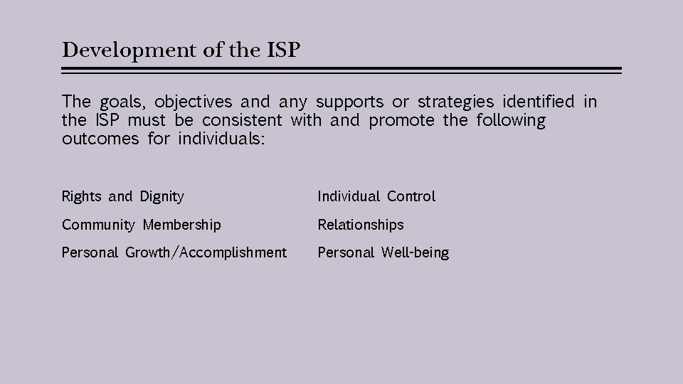 Development of the ISP The goals, objectives and any supports or strategies identified in