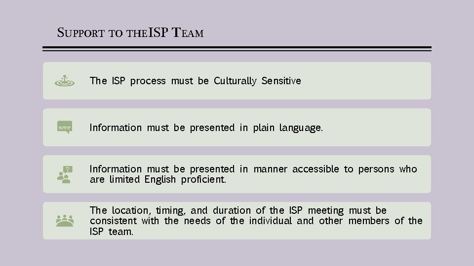 SUPPORT TO THE ISP TEAM The ISP process must be Culturally Sensitive Information must