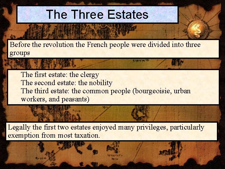 The Three Estates Before the revolution the French people were divided into three groups
