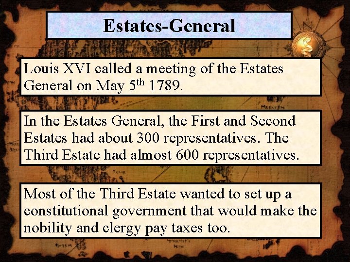Estates-General Louis XVI called a meeting of the Estates General on May 5 th
