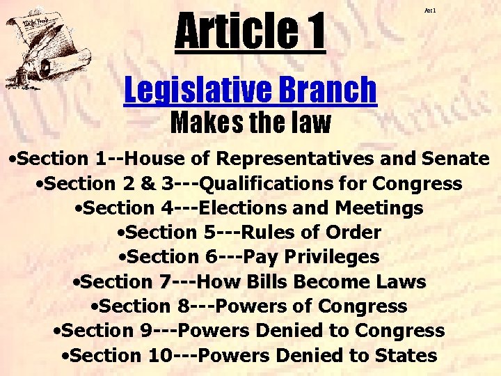 Article 1 Art 1 Legislative Branch Makes the law • Section 1 --House of Article 1 Art 1 Legislative Branch Makes the law • Section 1 --House of