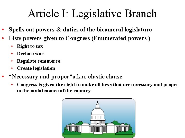 Article I: Legislative Branch • Spells out powers & duties of the bicameral legislature Article I: Legislative Branch • Spells out powers & duties of the bicameral legislature