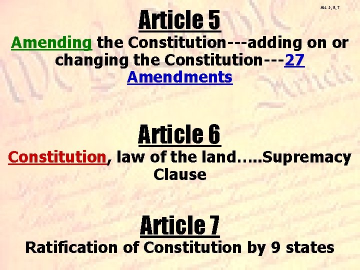 Article 5 Art. 5, 6, 7 Amending the Constitution---adding on or changing the Constitution---27 Article 5 Art. 5, 6, 7 Amending the Constitution---adding on or changing the Constitution---27