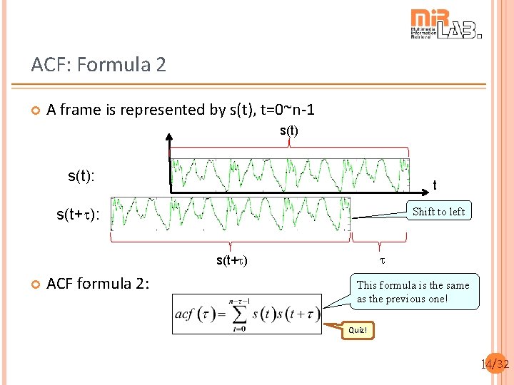 ACF: Formula 2 A frame is represented by s(t), t=0~n-1 s(t): t Shift to