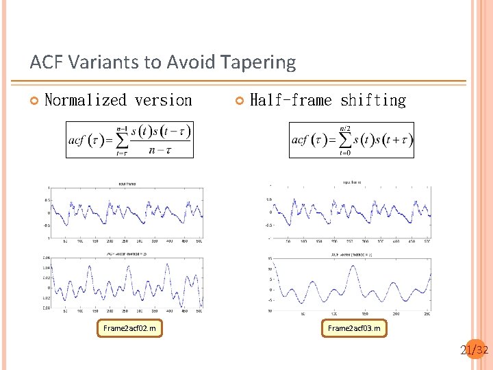 ACF Variants to Avoid Tapering Normalized version Frame 2 acf 02. m Half-frame shifting