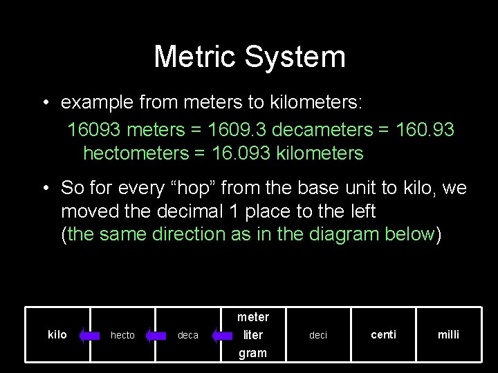 Metric System • example from meters to kilometers: 16093 meters = 1609. 3 decameters