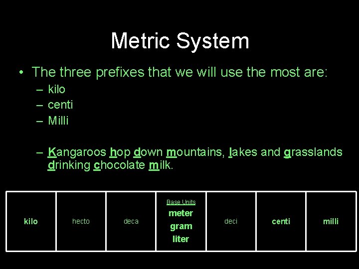 Metric System • The three prefixes that we will use the most are: –