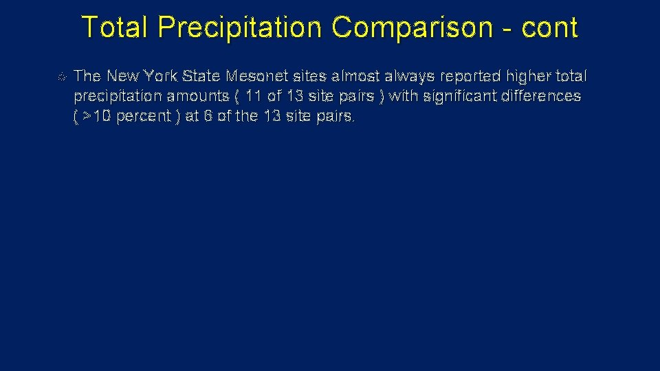 Total Precipitation Comparison - cont The New York State Mesonet sites almost always reported